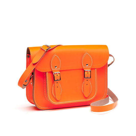 leather satchel - 11" fluo orange