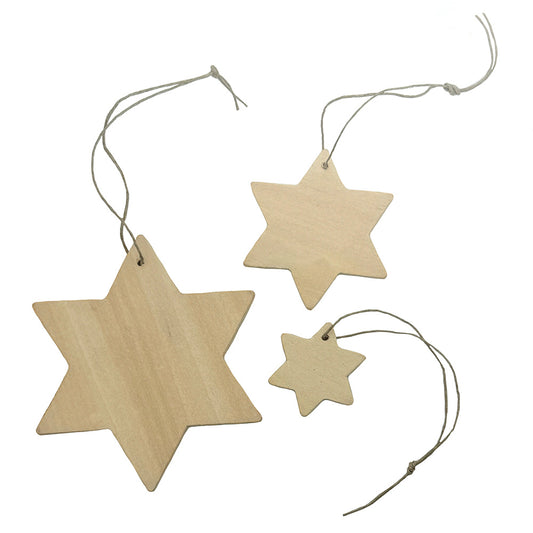 set of 3 wooden star decorations