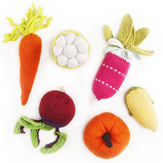 knitted vegetable rattles